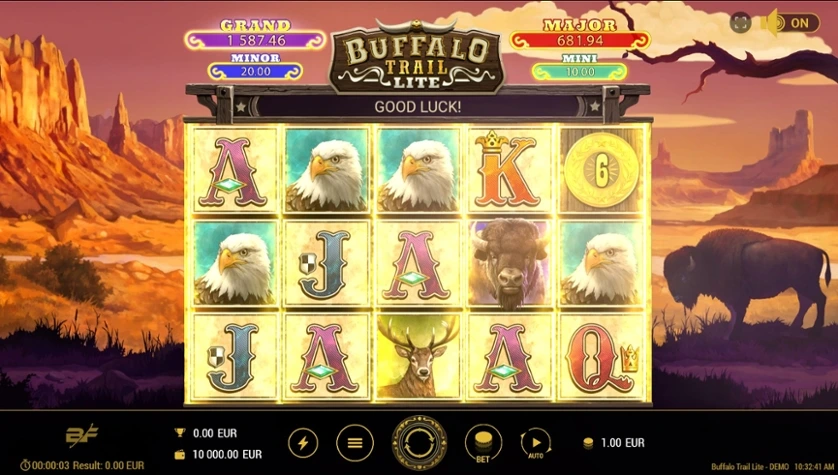 Изображение экрана слота Buffalo Trail с элементами дикого запада и фигурами буйволов