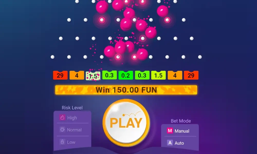 Mobile view of the Plinko game with volatility settings
